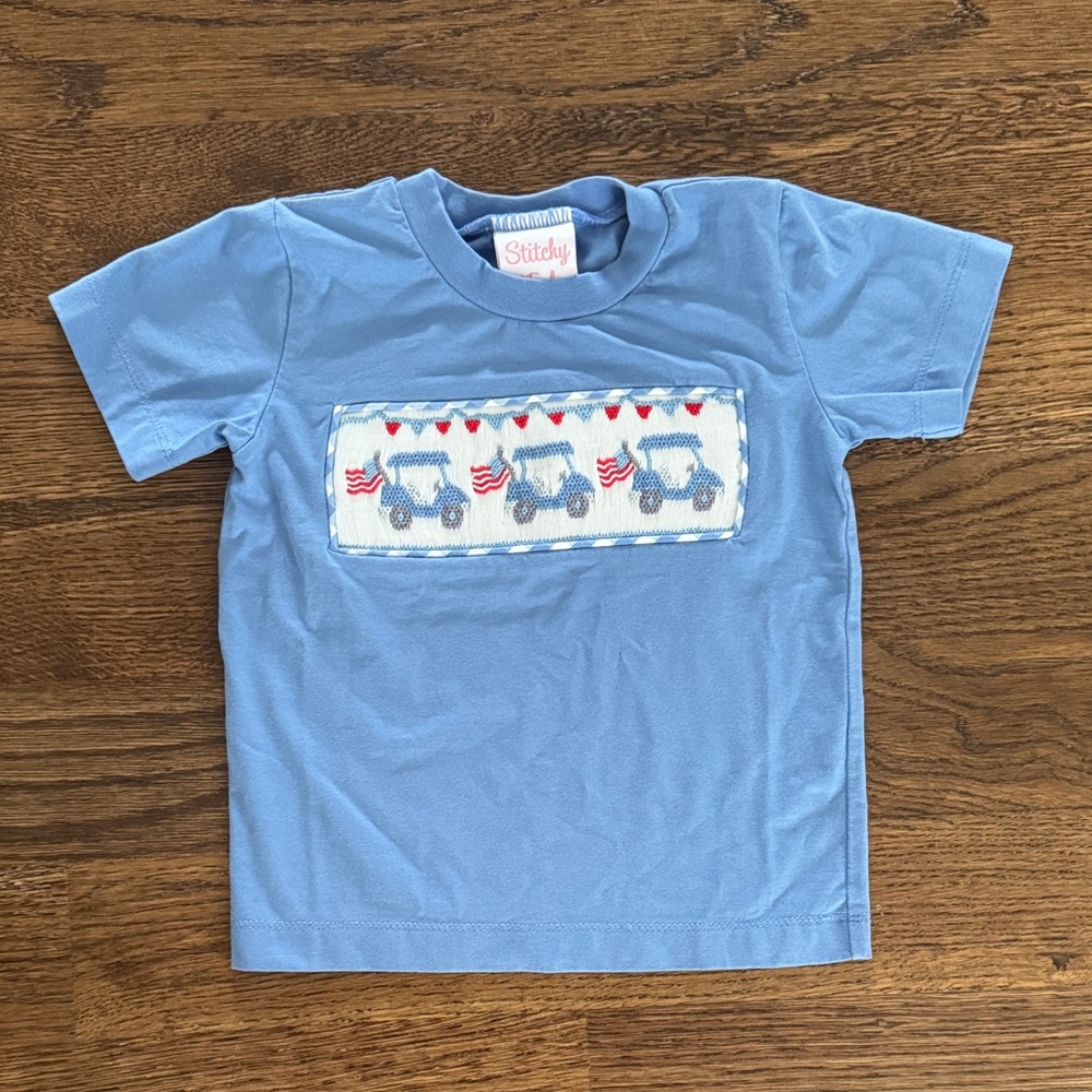 Stitchy Fish Patriotic Golf Cart Smocked Embroidered Shirt